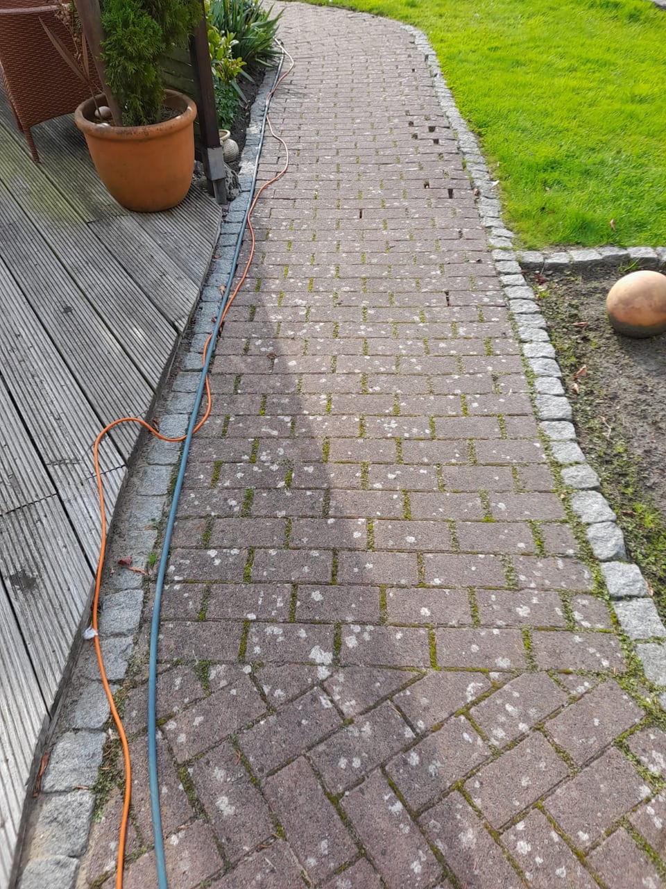 Geschwungener Gartenweg mit Moos und Flechten vor der Reinigung