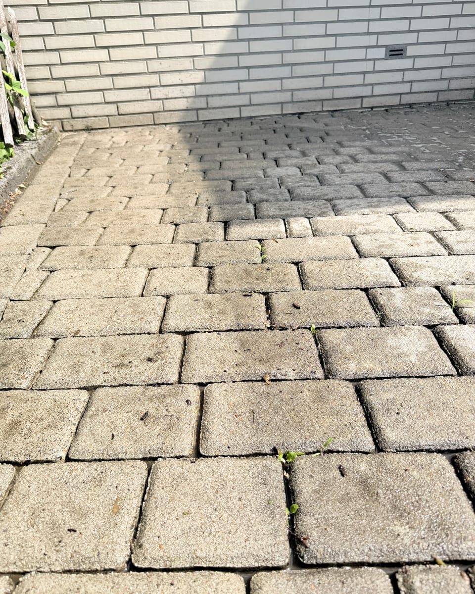 Teilweise gereinigte Betonsteinfläche mit sichtbarer Bearbeitungsgrenze
